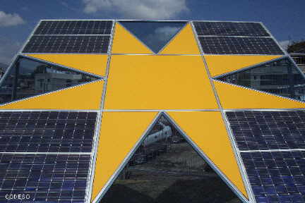 Isofoton photovoltaic solar panels at the Guayasamin Chapel of Man in Quito, Ecuador